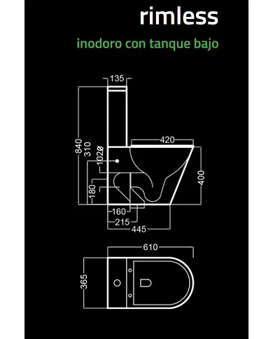 Wc Inodoro Completo Cuadrado | Inodoro Tanque Bajo con Cisterna y Asiento  Extrafino y Codo | Adosado a Pared con Salida Dual y Sistema Rimless